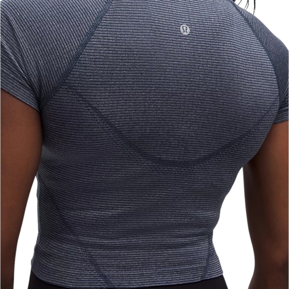 Lululemon Swiftly Tech Crop Short Sleeve 2.0 Club Blue White Stripe Size 14 NWT - Picture 3 of 8